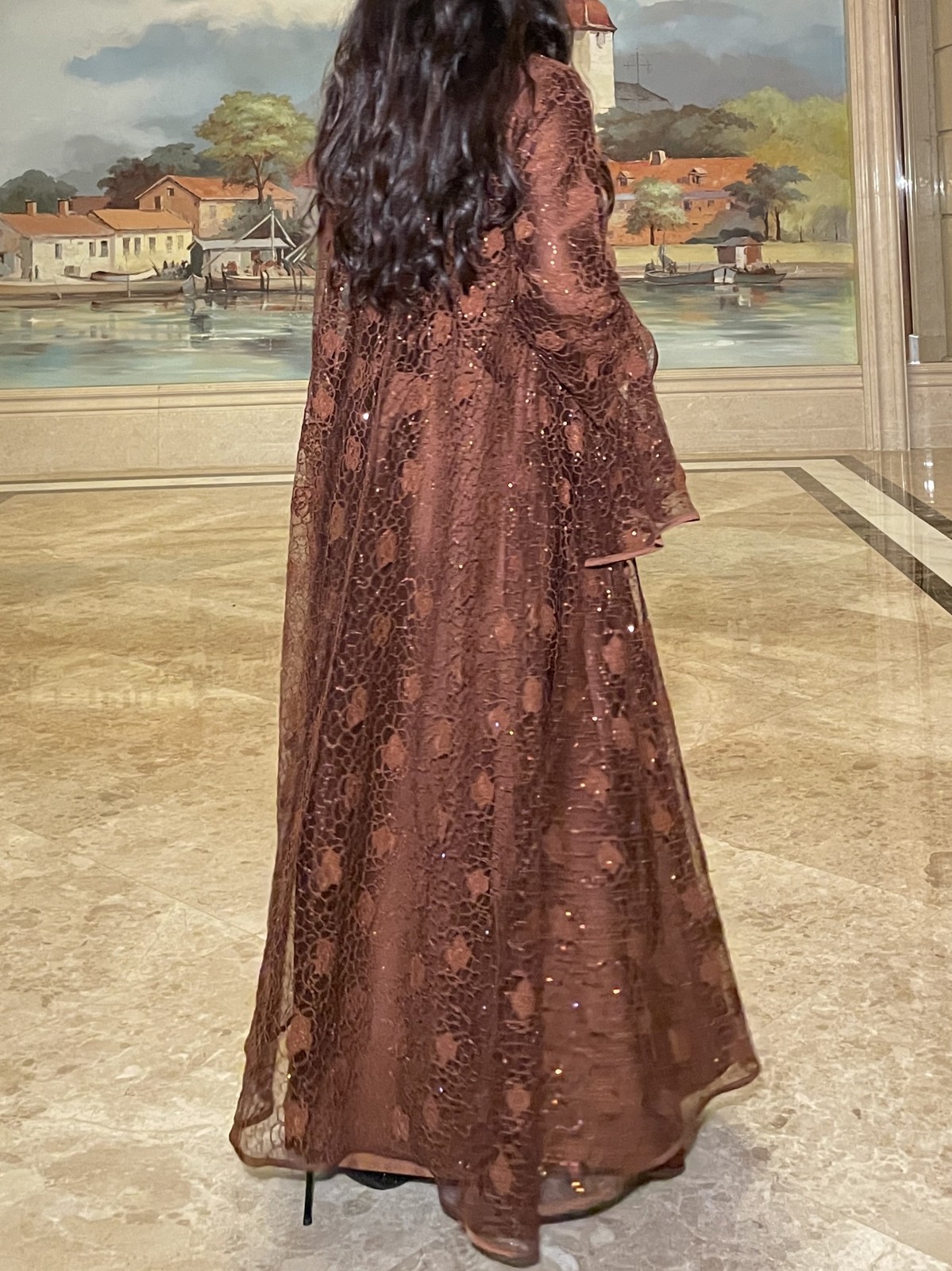 2PCS Muslim Women Abaya Dress Set Flare Sleeve Lace Sequin Caftan Dress Cadigan