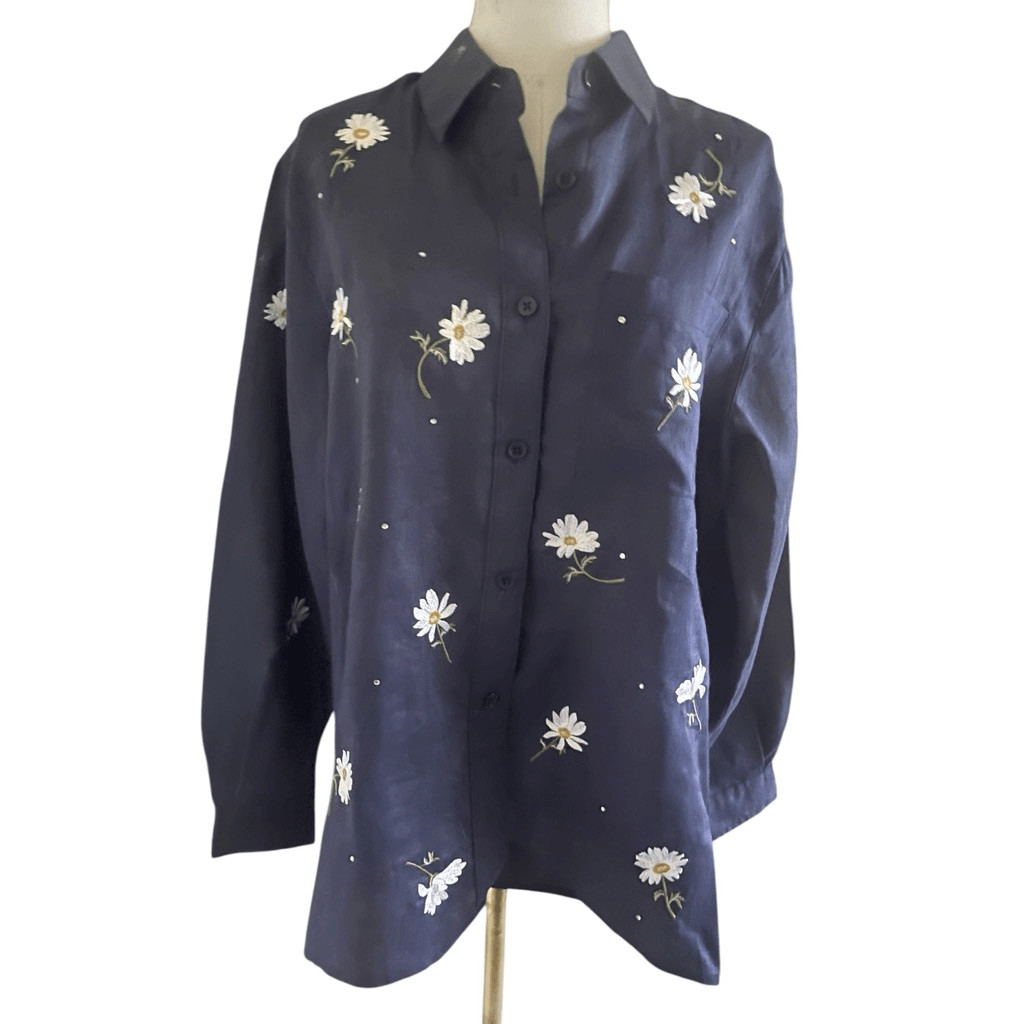 Quacker Factory Blue Linen Floral Button Down Classic Money Blouse Size Small
