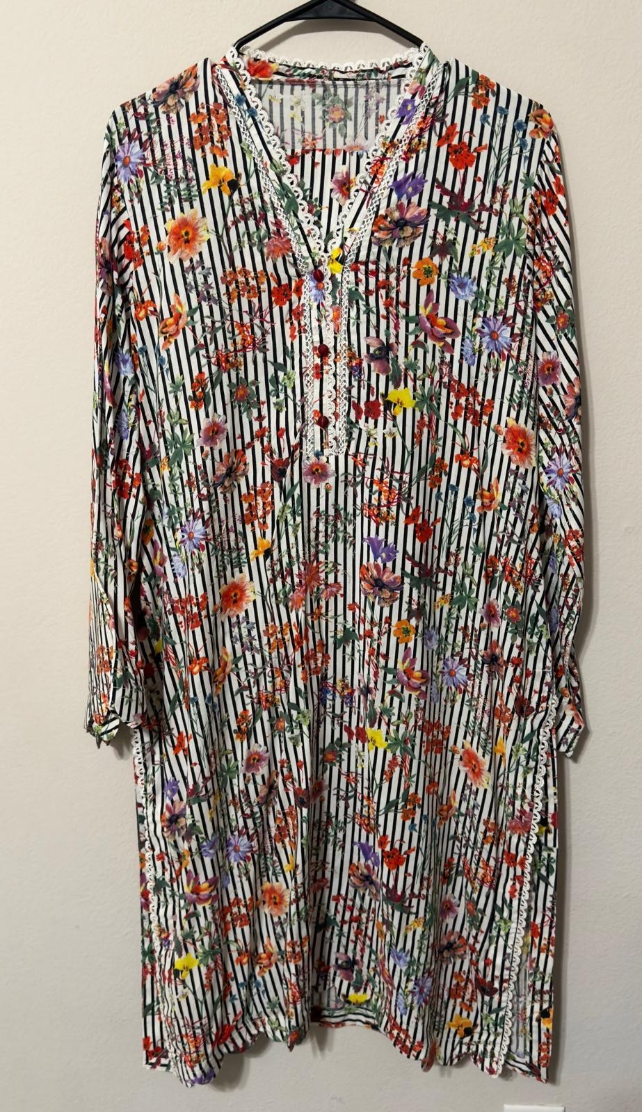Women’s Lace Shalwar Kameez Cord Set Black White Floral Stripes Print XL
