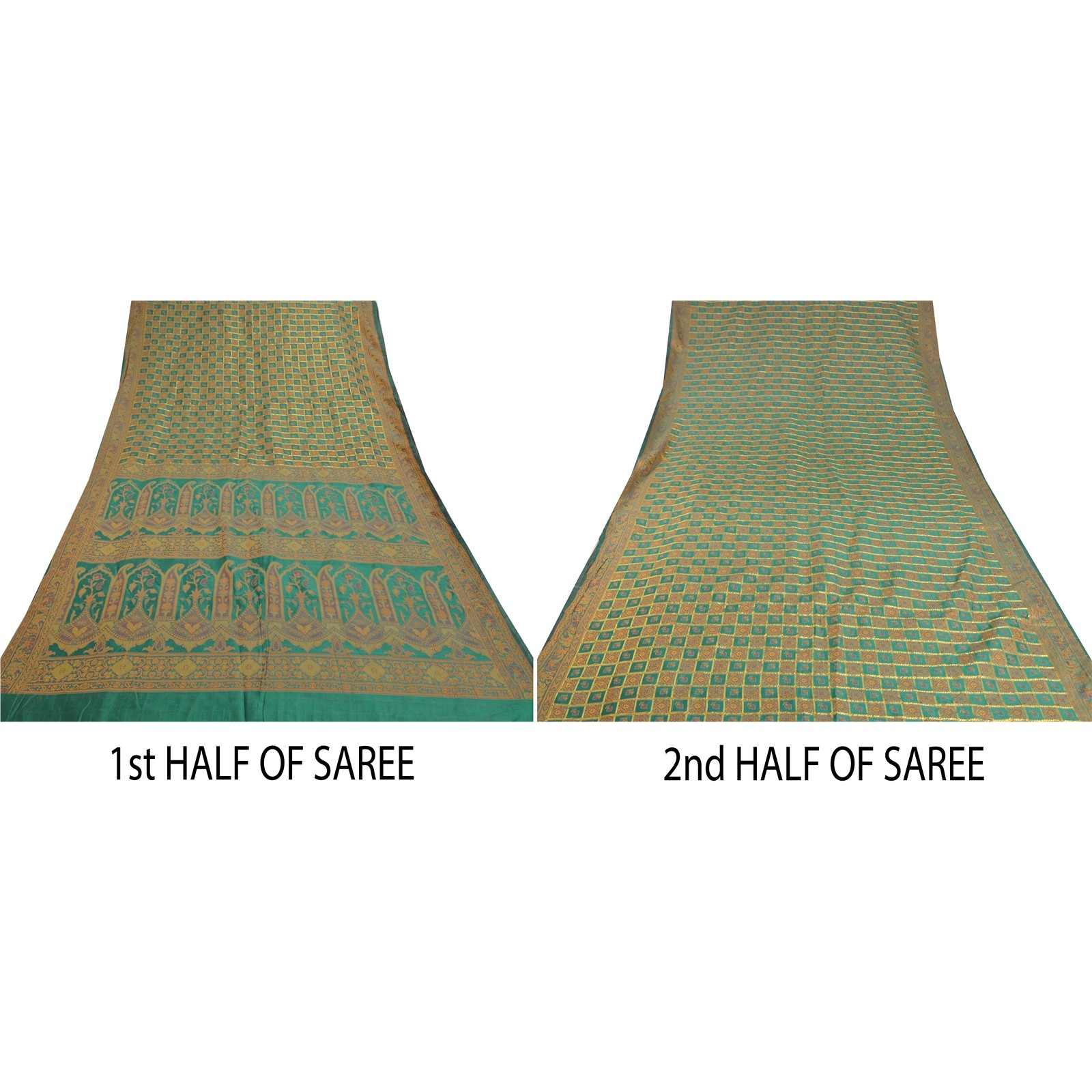 Sanskriti Vintage Rama Green Sarees Artificial Silk Hand- Woven Sari Fabric