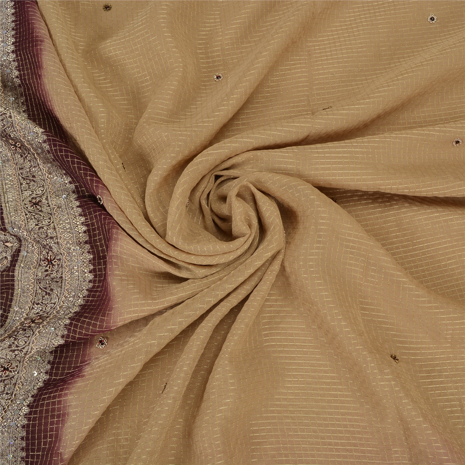 Sanskriti Vintage Sarees Brown Georgette Hand Beaded Zari Brocade Sari 6Ydfabric