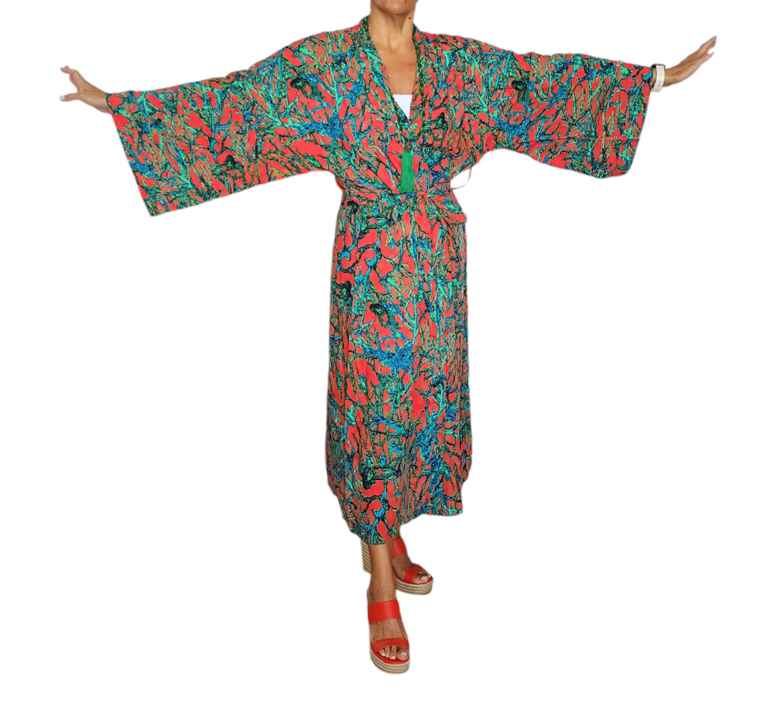 Women’s Tropical Coral Kimono – Vibrant Boho Wrap with Bold Leaf Print one size