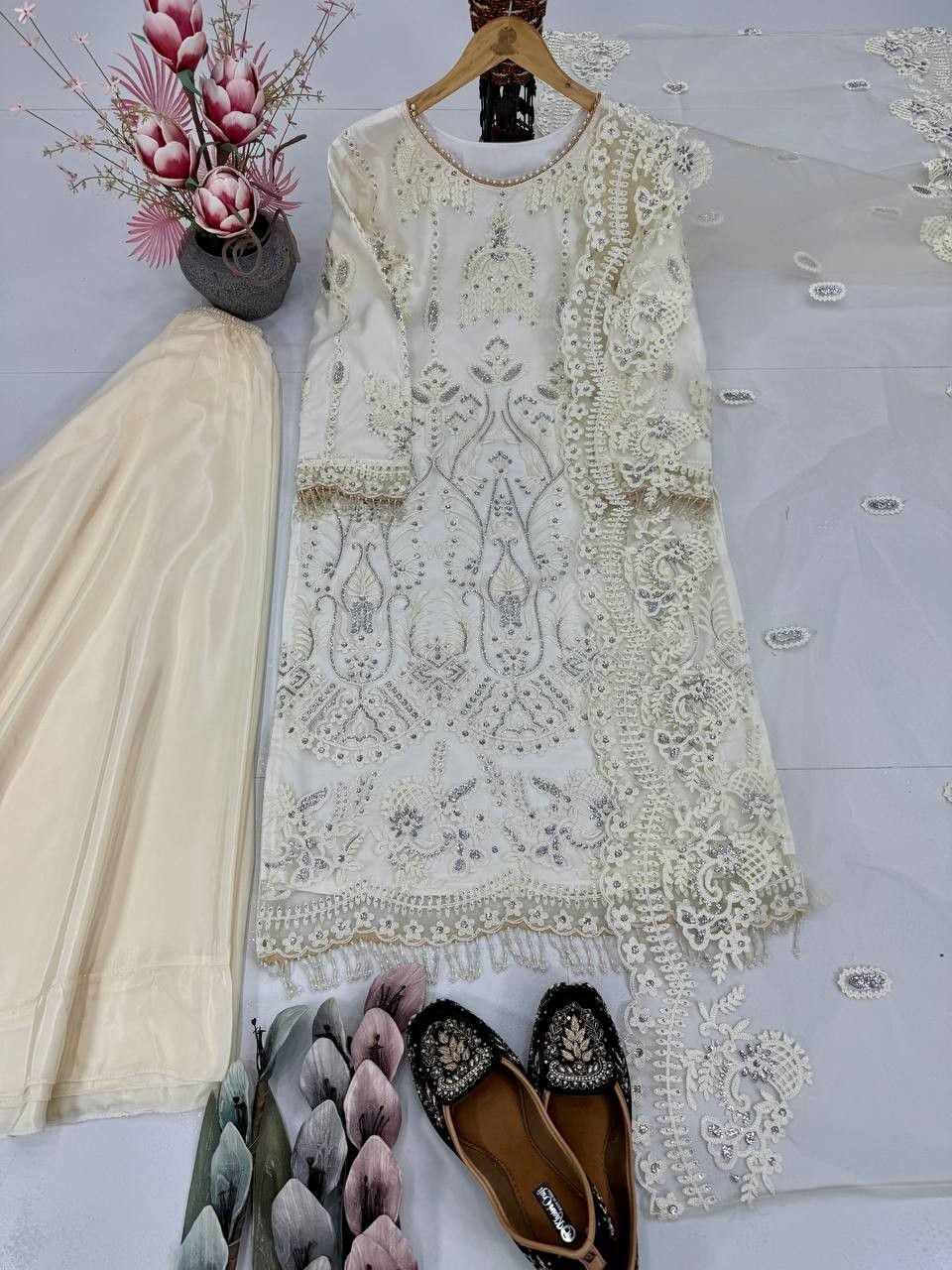 Festive Wear Off White Net Kurta Palazzo With Dupatta For Women & Girls