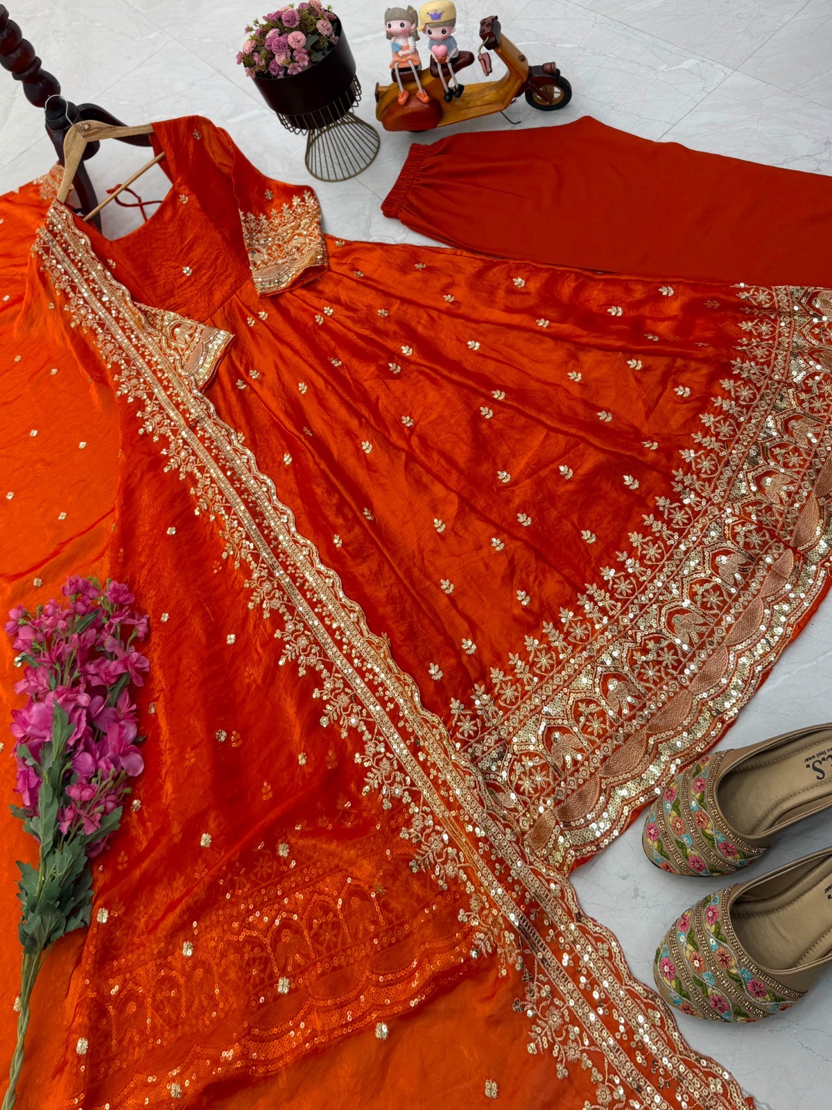 Orange Fendy Silk Embroidered Ready Made Anarkali Salwar Kameez Party Wear S