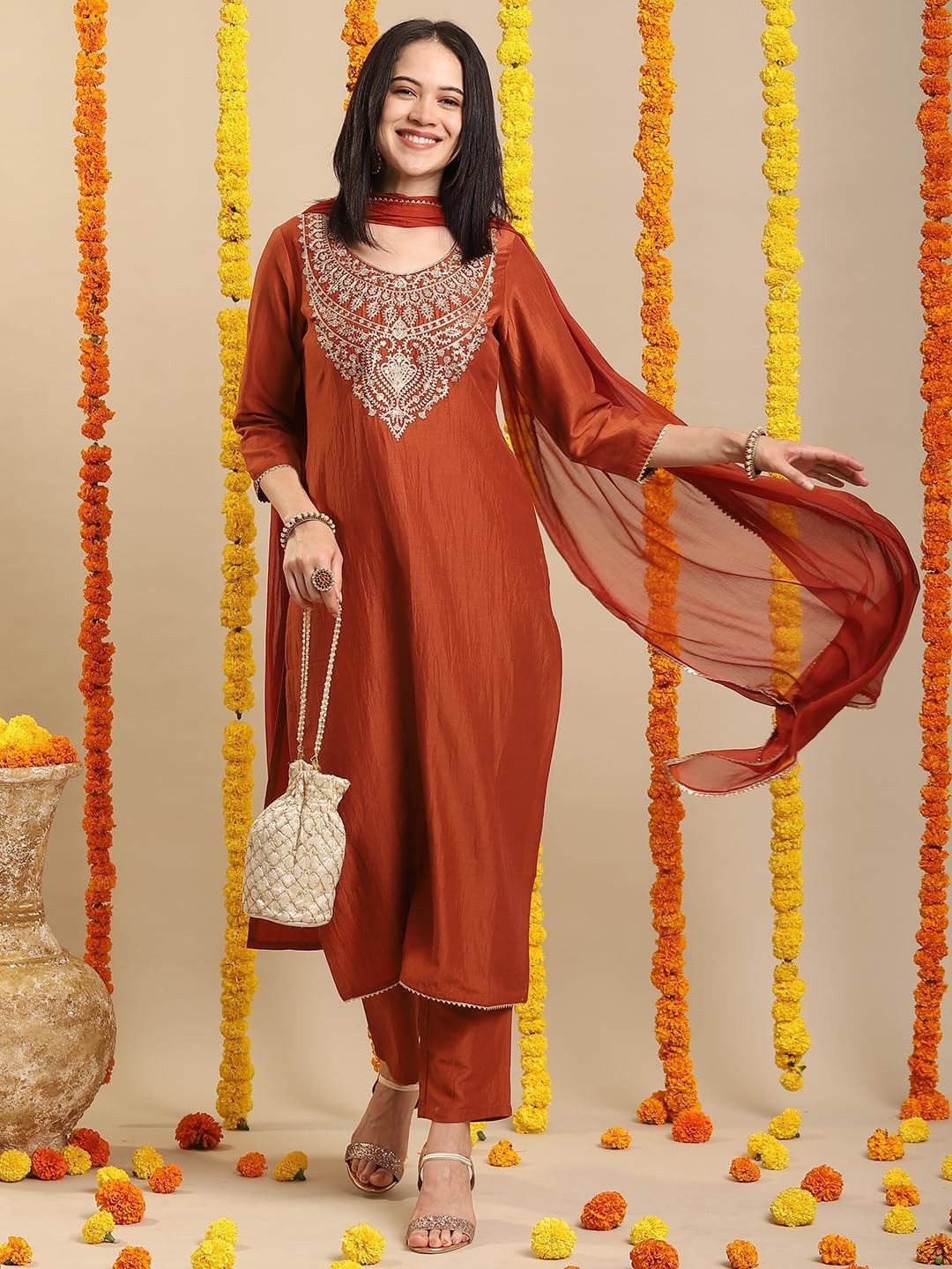 Women’s Rayon Viscose Embroidered Straight Kurta with Pant & Dupatta