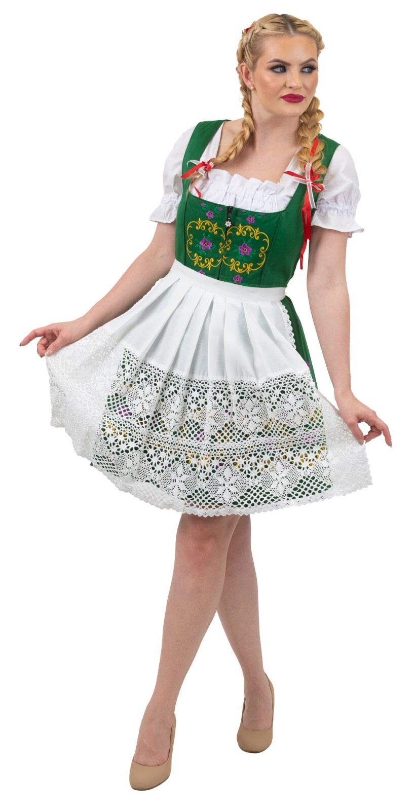 M 12 German Dirndl Dress + Lace Apron + Top EMBROIDERED Oktoberfest ELEGANT