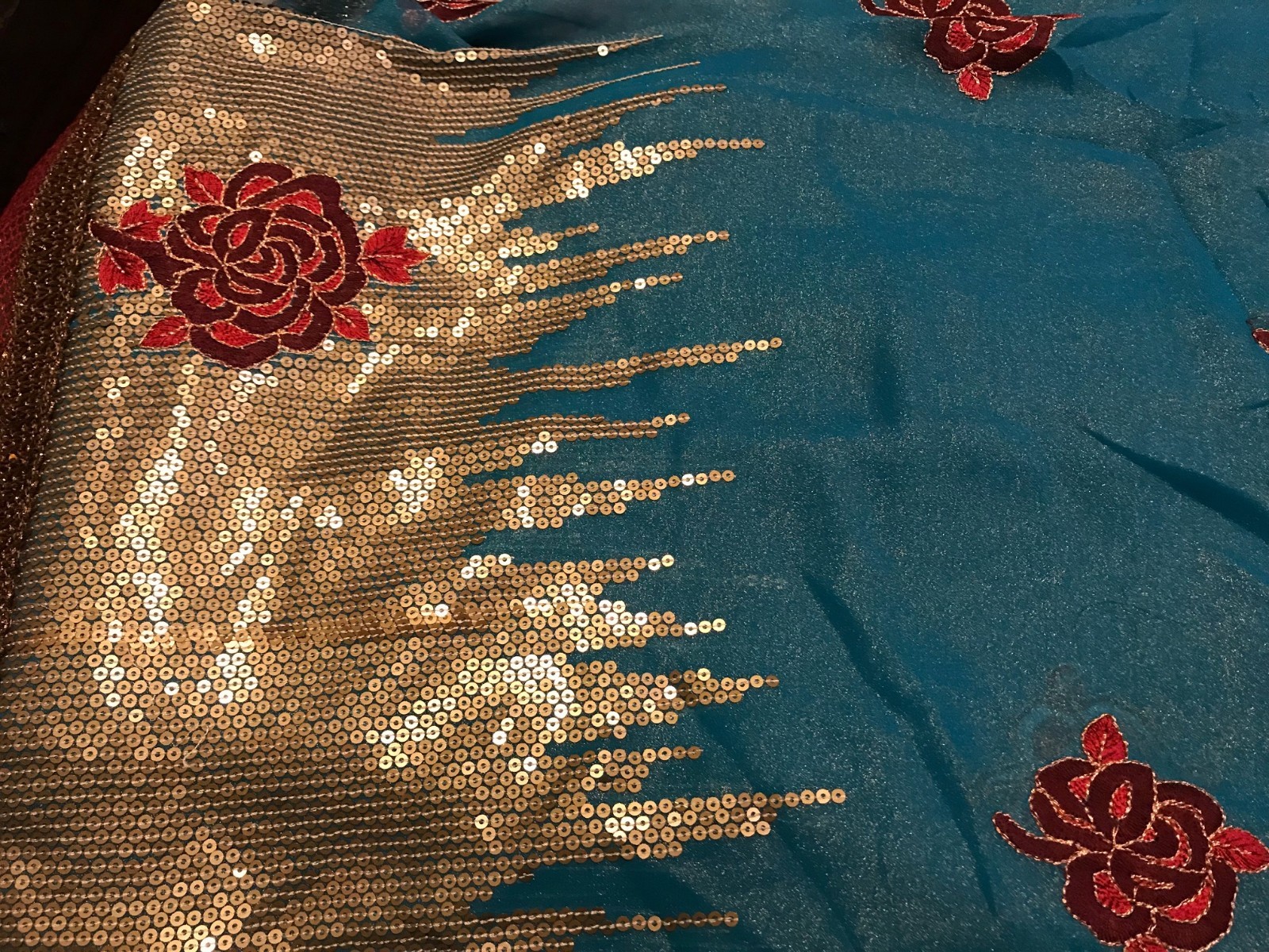 Designer Georgette Shimmer Embroidered Party Sari With Stitched Blouse