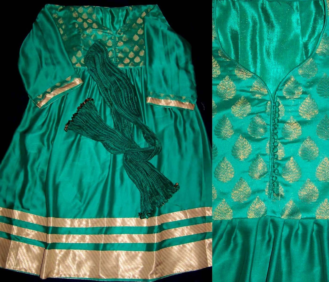 GREEN SATIN & BROCADE PLUS SIZE ANARKALI INDIAN PAKISTANI SALWAR KAMEEZ SUIT SNJ