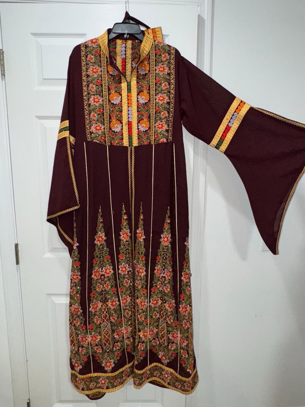 Middle Eastern Thobe Dress Maroon Embroidered Floral Multi-Color Women