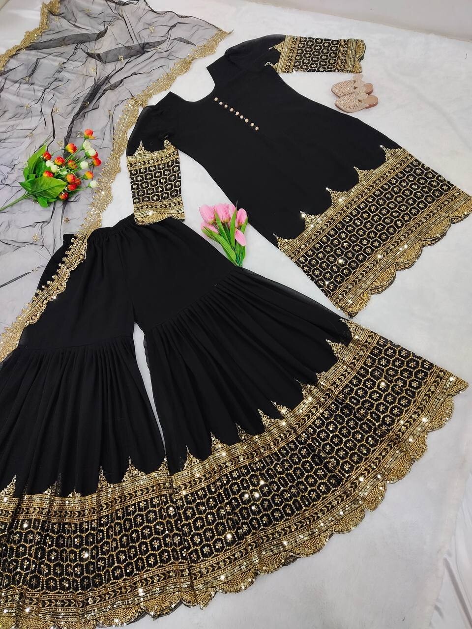 BLACK HEAVY FAUX GEORGETTE FANCY TOP SHARARA WITH NET DUPATTA FOR PARTY