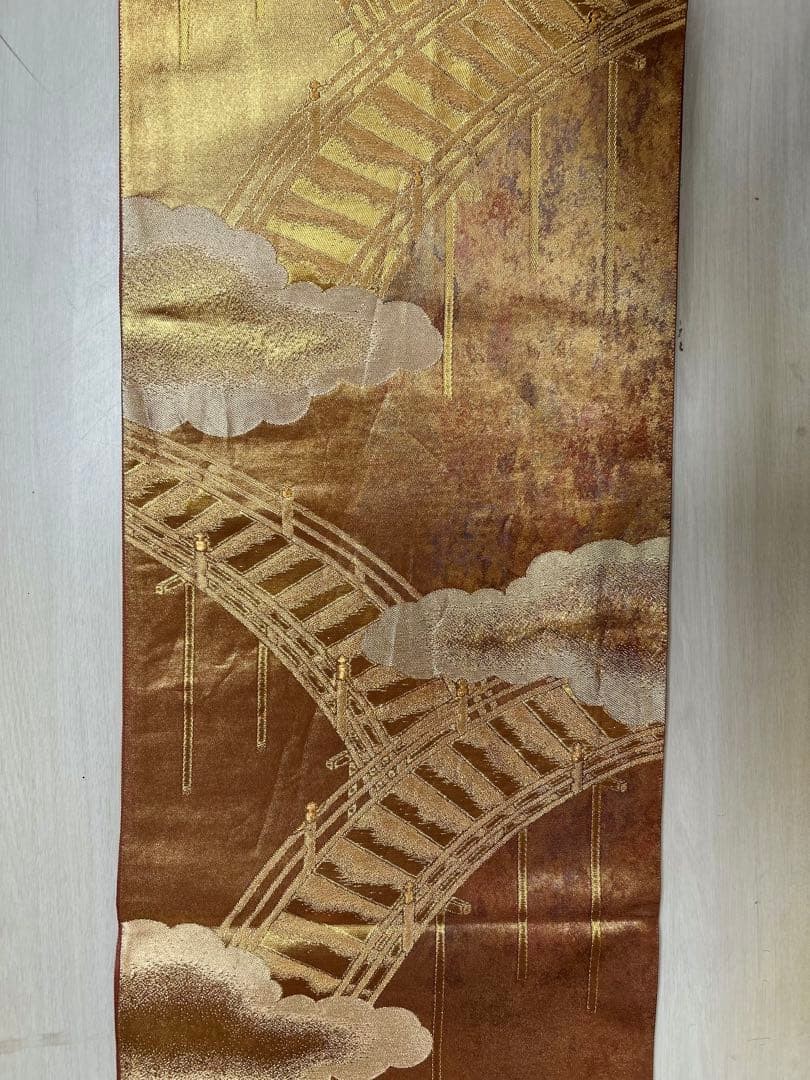 Japanese Silk Fukuro Obi Brown Gold Bridge Landscape 445cm Kimono Sash