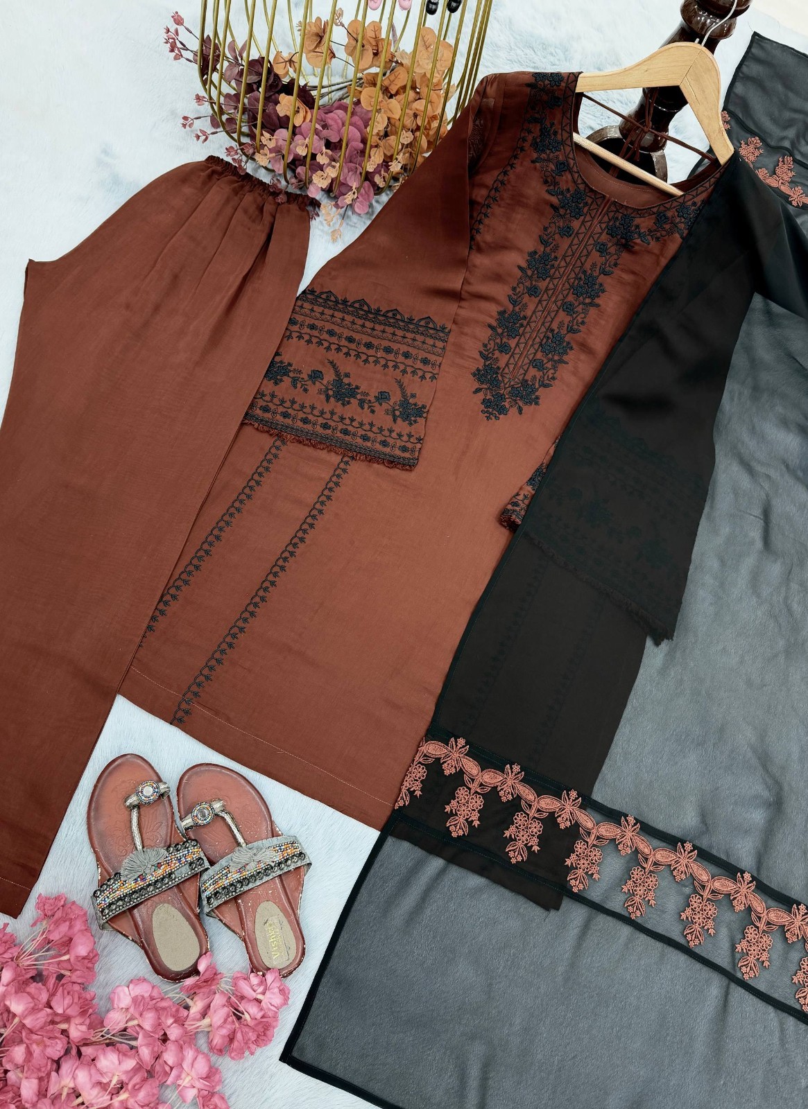 Designer Pure Roman Silk Top with Bottom and Heavy Faux Georgette Dupatta Thread