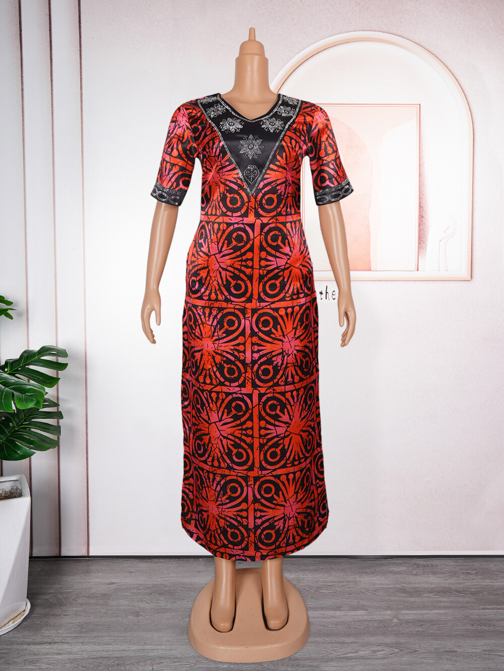 African Dashiki Women Floral V-Neck Casual Kaftan Maxi Dress Abaya Evening Gown