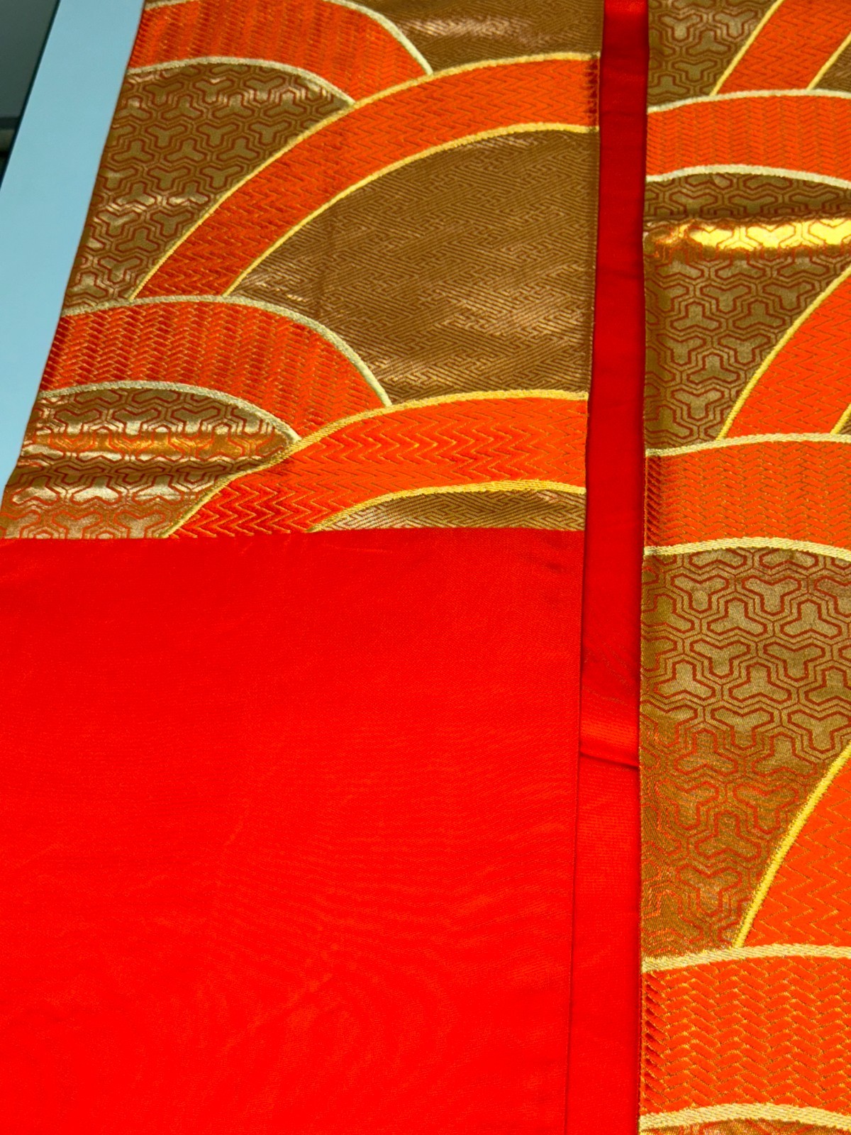 Japanese Vintage Kimono Fukuro Obi Silk Orange Traditional Embroidery 166×12 in