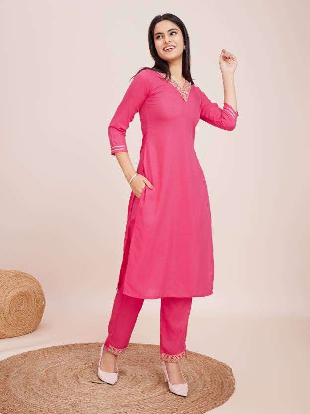 Indian Pakistani Women Cotton Blend Kurti Pant Set Top Tunic Kurta Party Wear