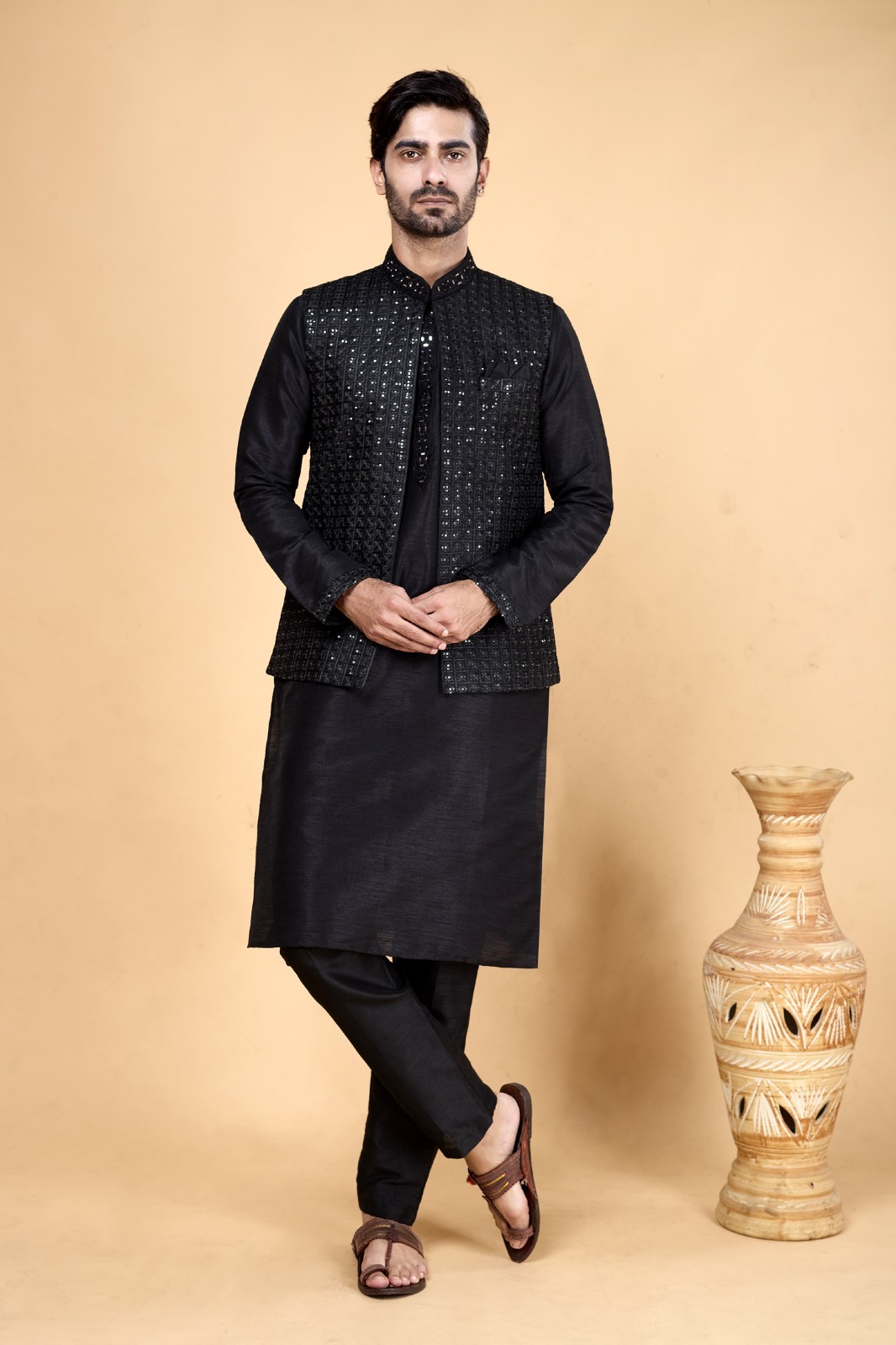 3 Pc Indian Mens Designer Wedding Bollywood Eid Wear Kurta Payjama Jacket Set