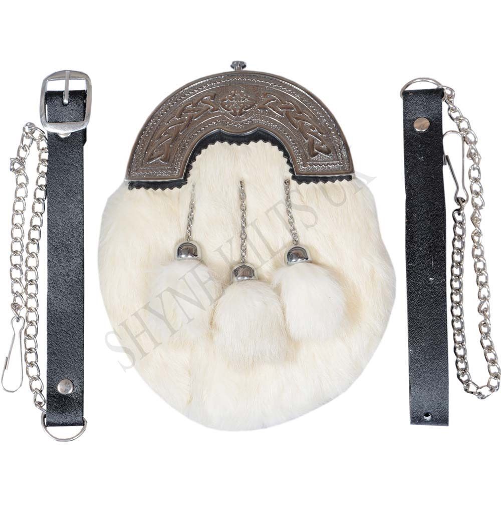 WHITE RABBIT FUR FULL DRESS SPORRAN WITH CHROME FINISH CANTLE 3 WHITE TASSELS