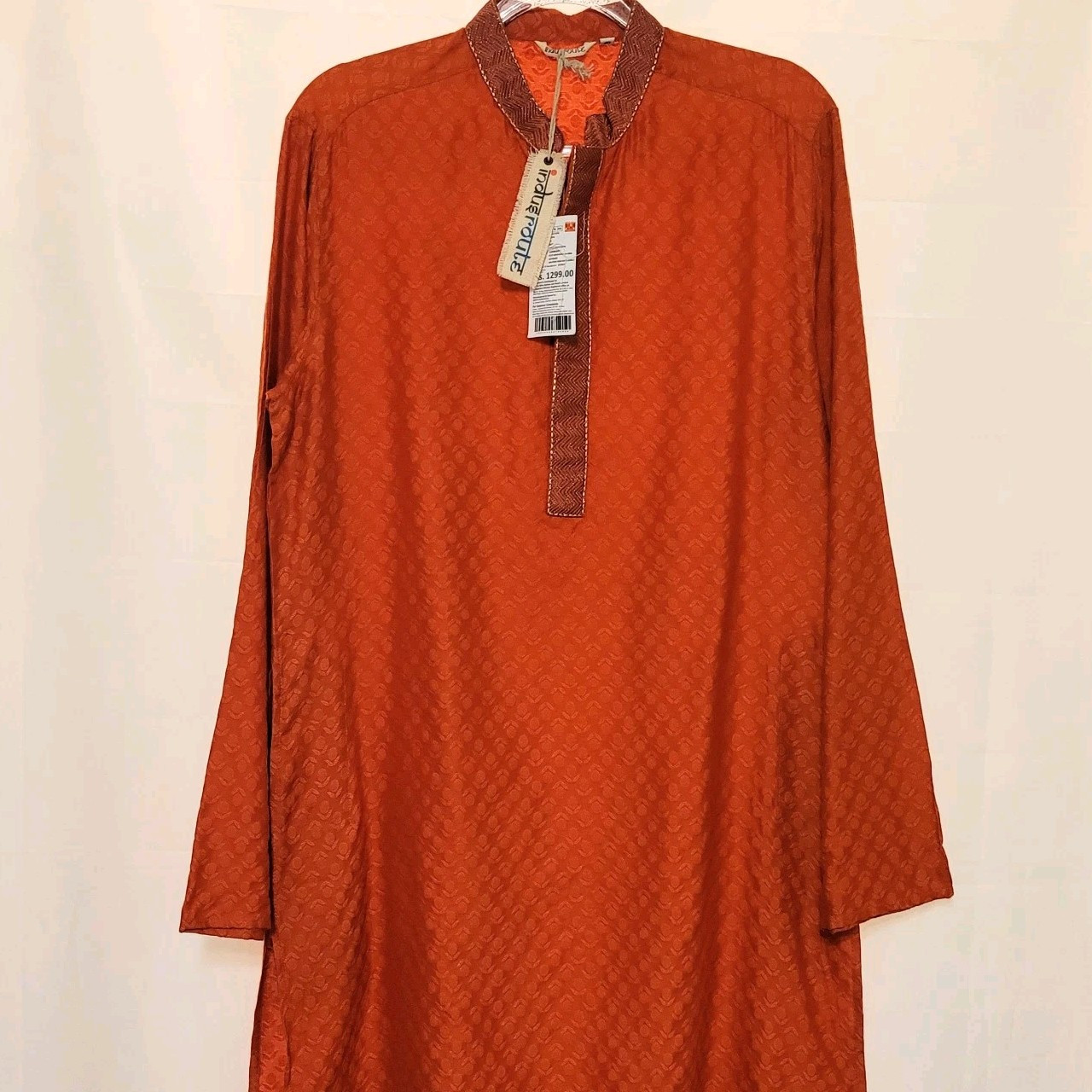 NWT Indus Route Men’s Rust Orange Long Kurta Tunic Mandarin Collar Size Medium