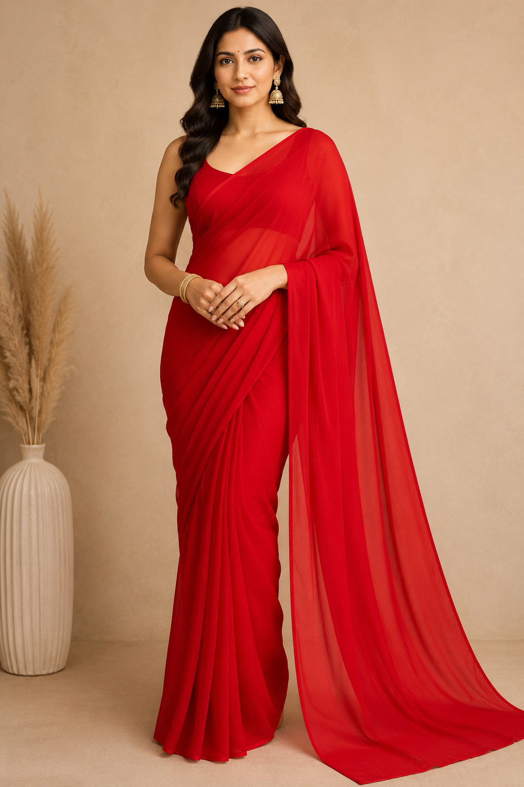 Red Chiffon Saree | Floral Hand Embroidery, Pre-Stitched Blouse, Party Wear