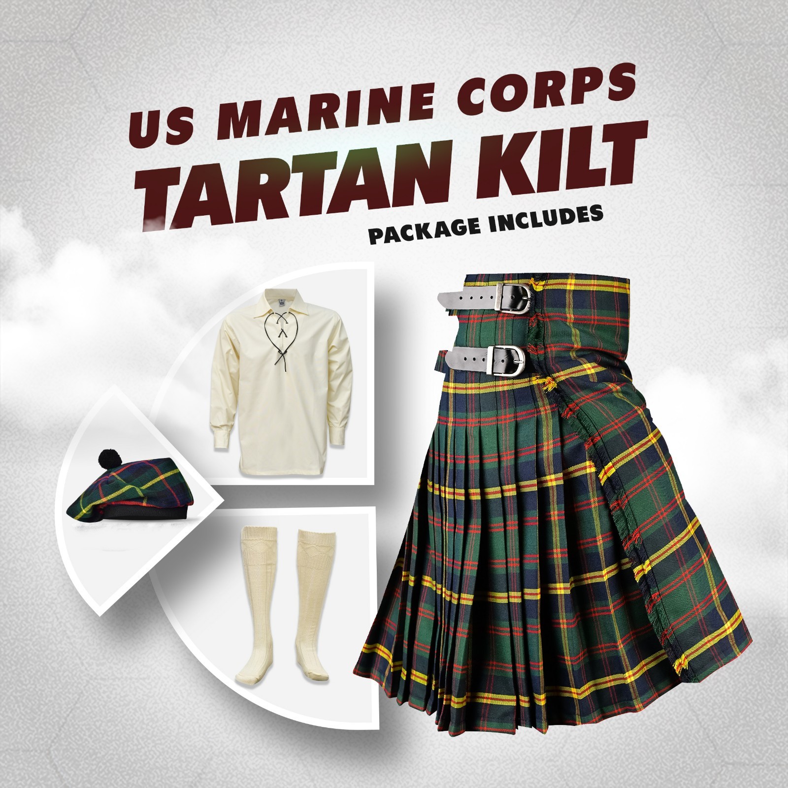 Men’s Scottish Highland 5 Piece Kilt Package Set Traditional Tartan Kilt Outfit