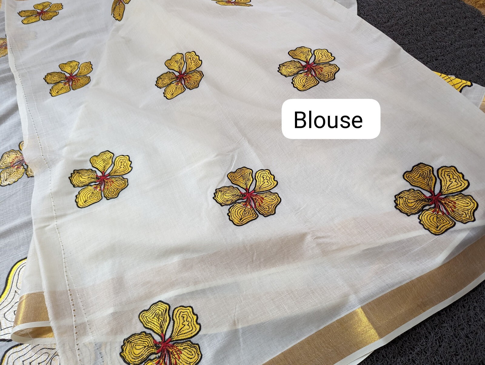 Kerala Big Flower Embroidered Cotton Saree 6.25KeralaSaree,Vishu Saree,Onam Sari