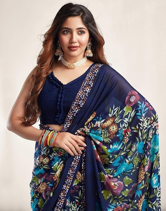 Women’s Floral Printed Georgette Saree with Unstitched Blouse Piece