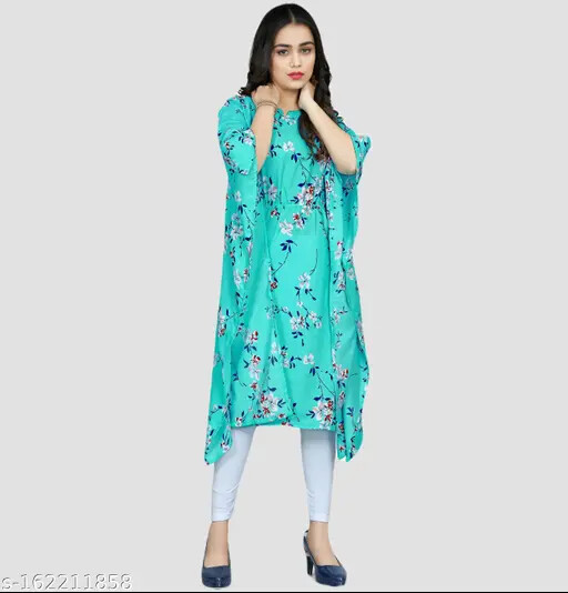 Indian Women Sea Green & White Floral Print Kaftan Dress Women for Girls