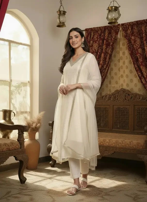 Women Chanderi Cotton Silk Kurta Pant Dupatta Set Party Wear Ethnic Kurti Set