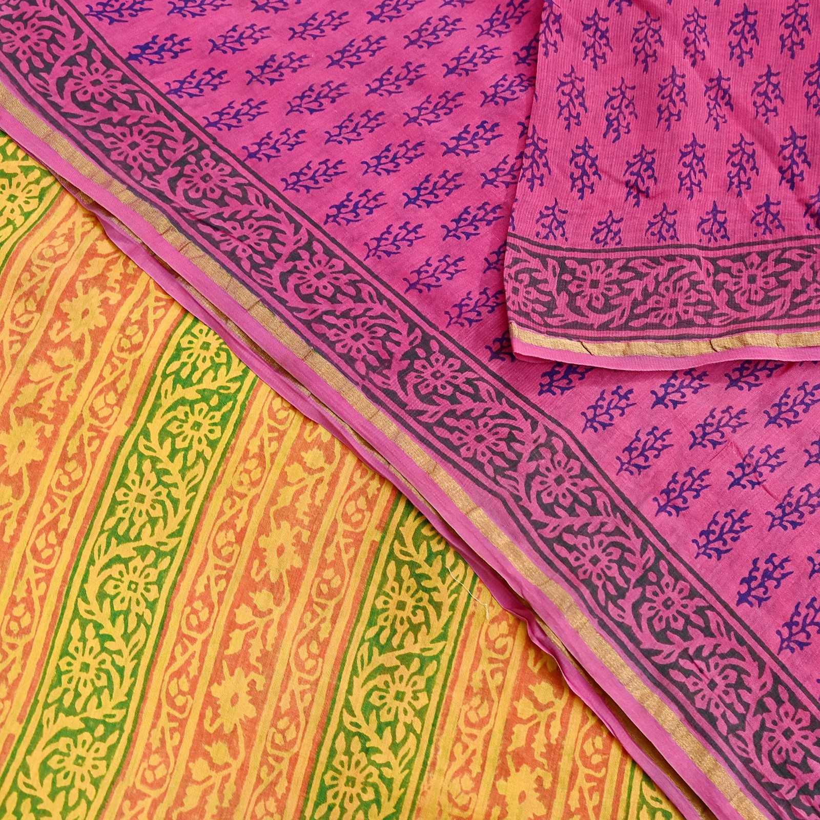 Indian Vintage Sari Pink Block Printed Sari Pure chanderi Silk Saree Fabric 5Yd