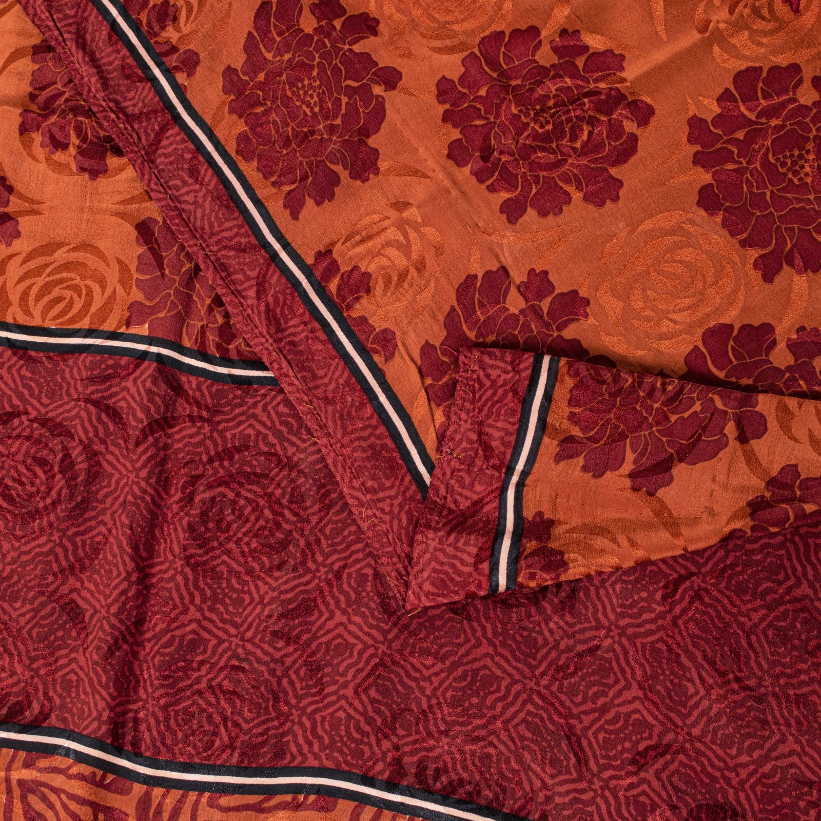 Sanskriti Vintage Saree Brown Pure Crepe Silk Floral Printed Sari 5.5+Yd Fabric