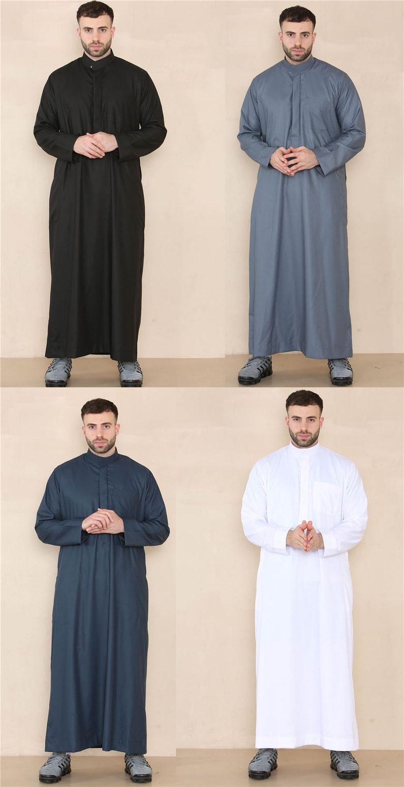 Mens Thobe Jubba Nehru Stand Collar Islamic Clothing Muslim Kaftan Eid Robe
