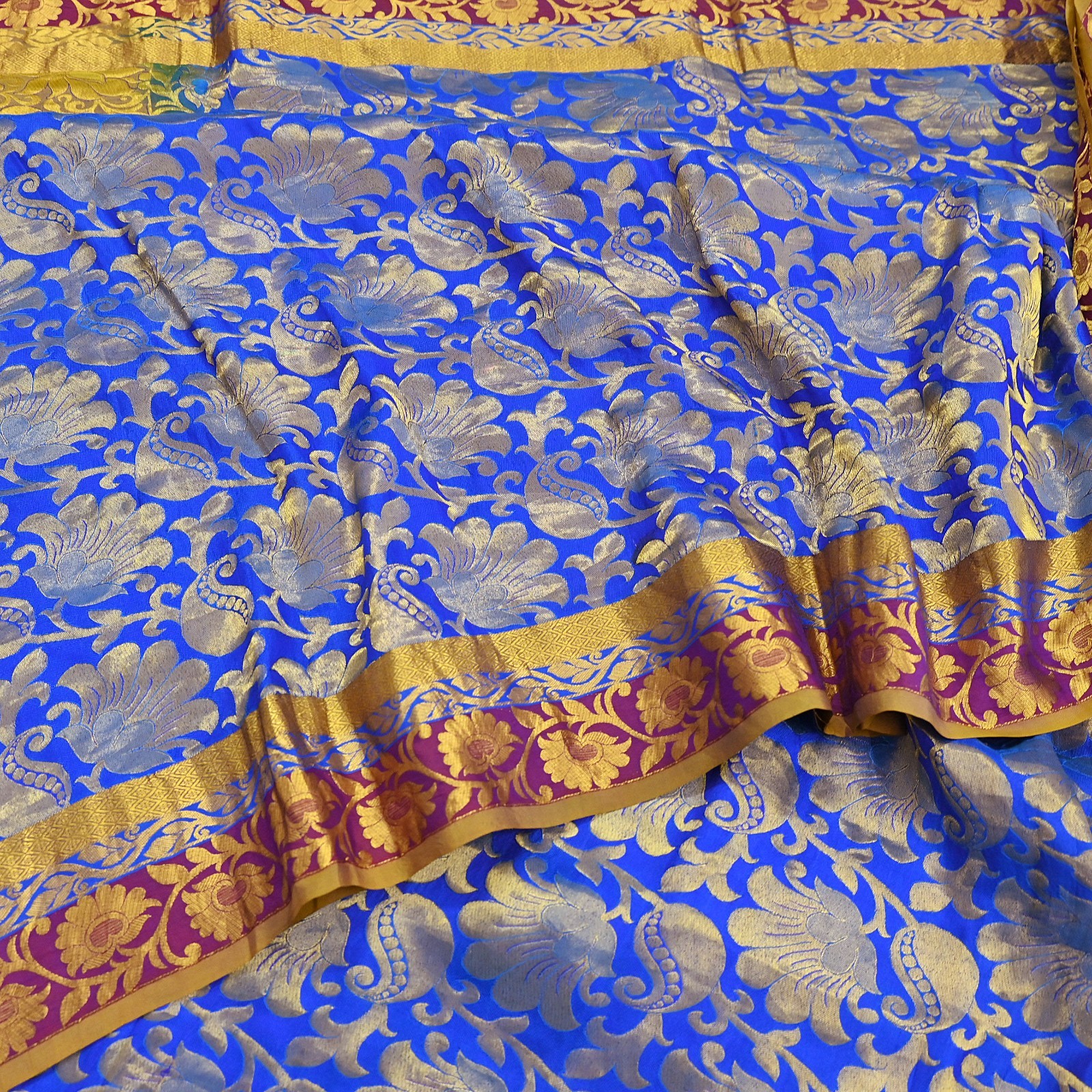 Indian Vintage Heavy Royal Blue & green Kanjivaram Saree 100% Pure Silk Sari 5yd