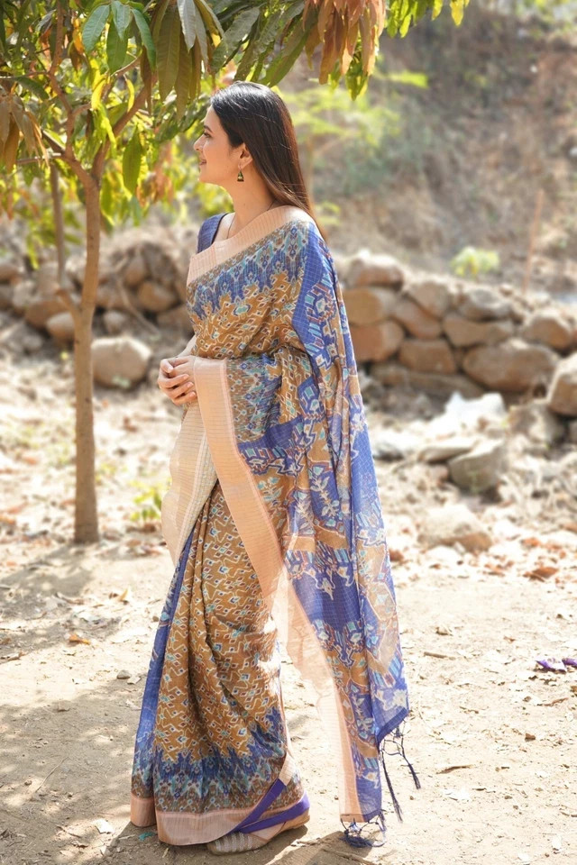 Geometric Pattern Ikat Cotton Silk Saree – Royal Blue with Unstitched Blouse