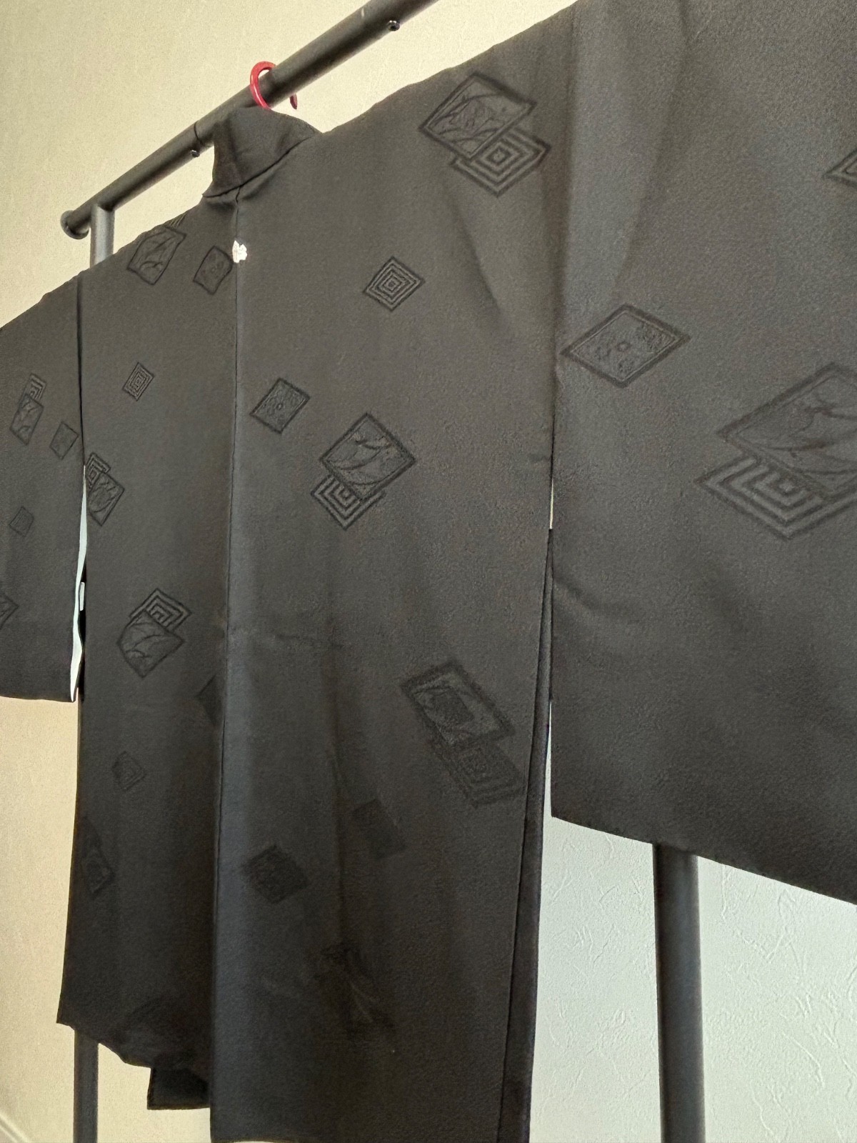 Vintage Japanese Black Haori Kimono Jacket Tonal Geometric Pattern from Japan