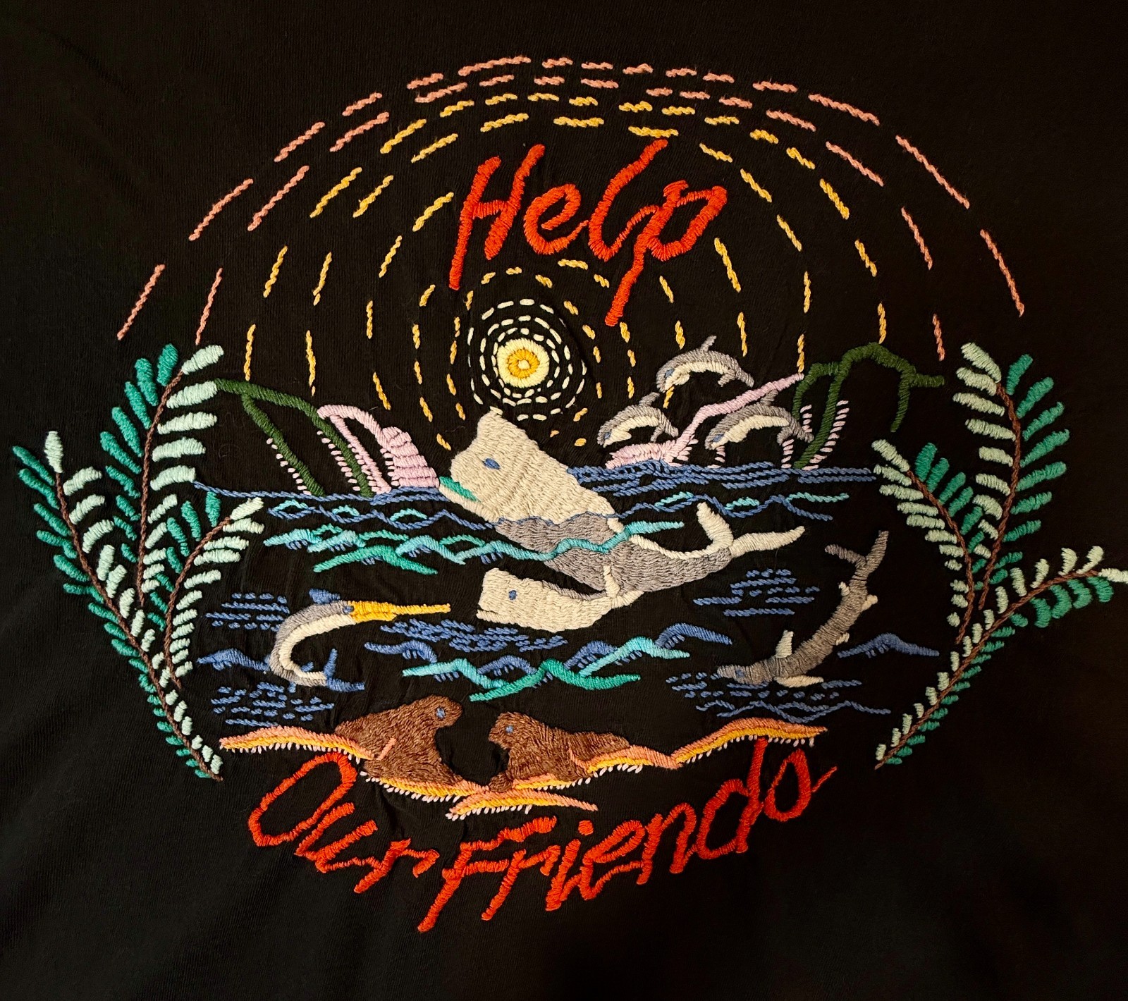Guatemalan Sz XL (Women) Sz L (Men) Embroidered Black T-shirt Eco Ocean Animals