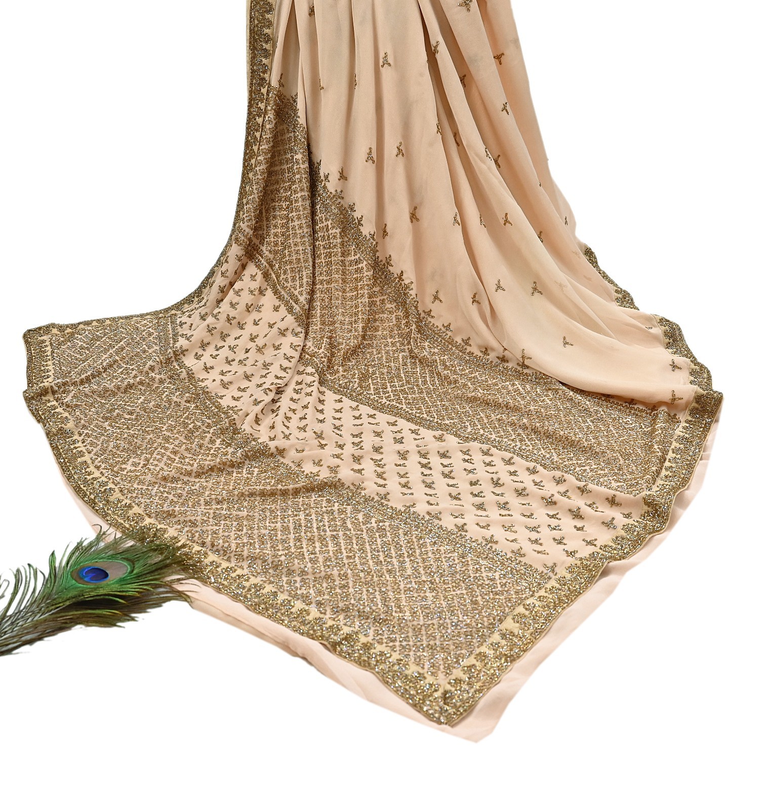 Rare Vintage Beige Georgette Silk Hand Embroidered Designer Sabyasachi Saree 6yd