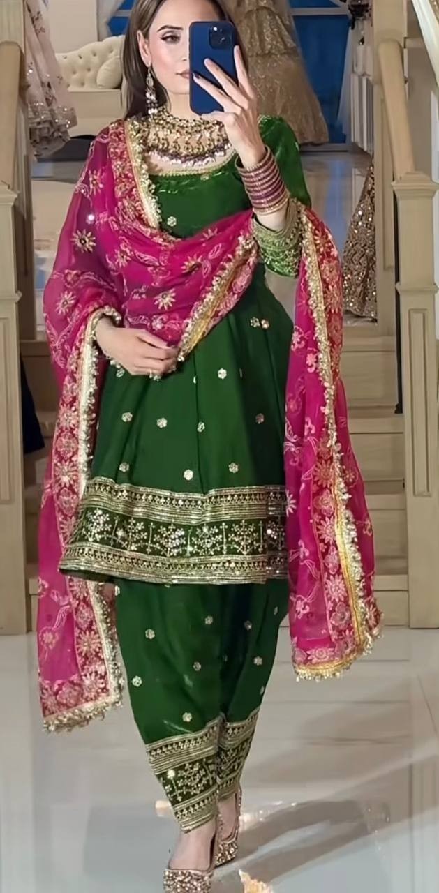 New Launch Green Silk Salwar Kameez With Faux Georgette Dupatta For Women