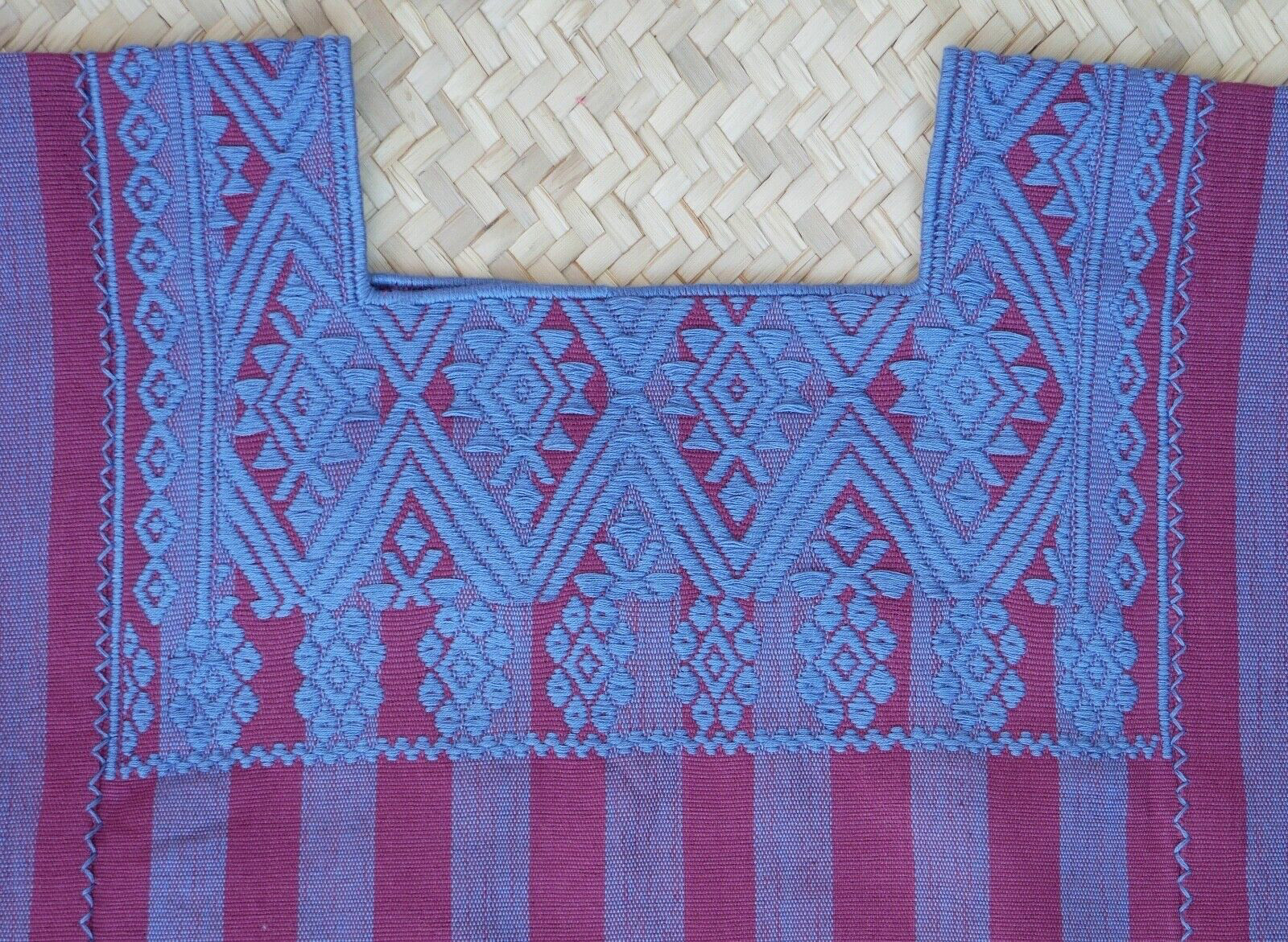 Huipil Top Mayan Blue & Plum Stripe Handwoven Backstrap Loom Chiapas Mexico