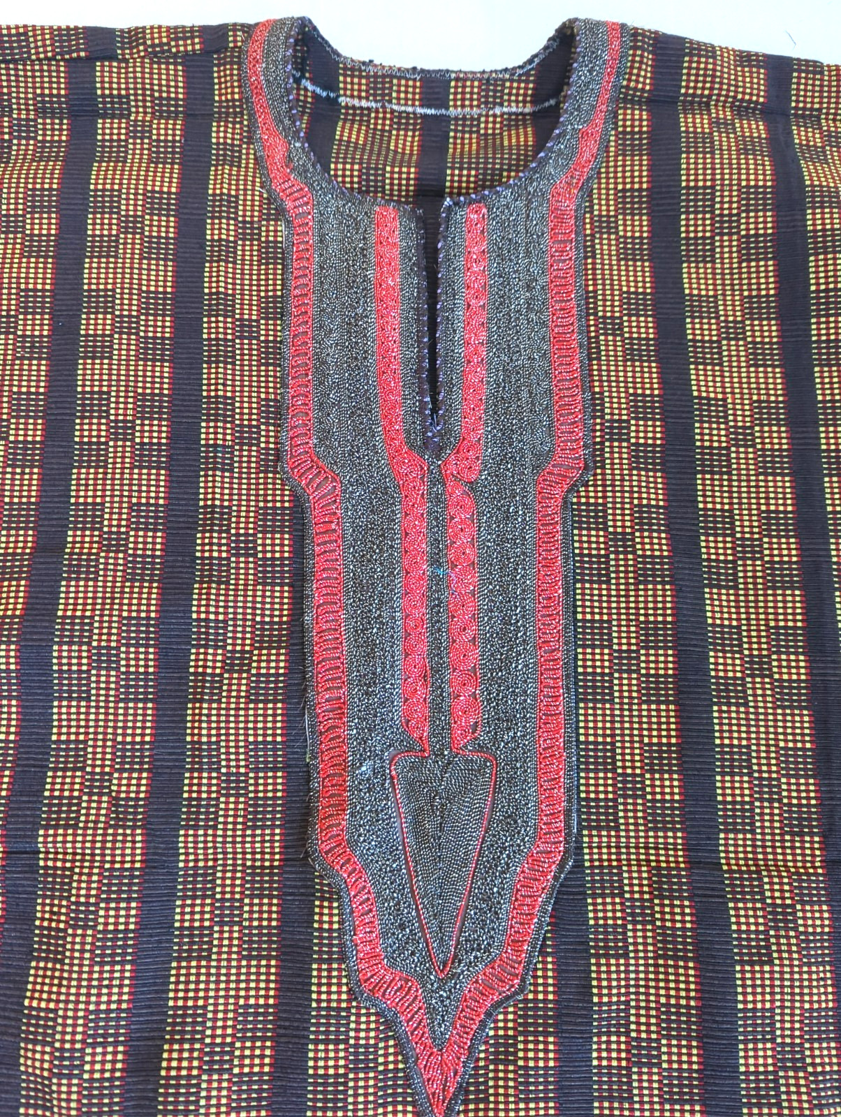 African Woven Embroidered Top XL Open Sides Metallic Thread Centerpiece Stunner