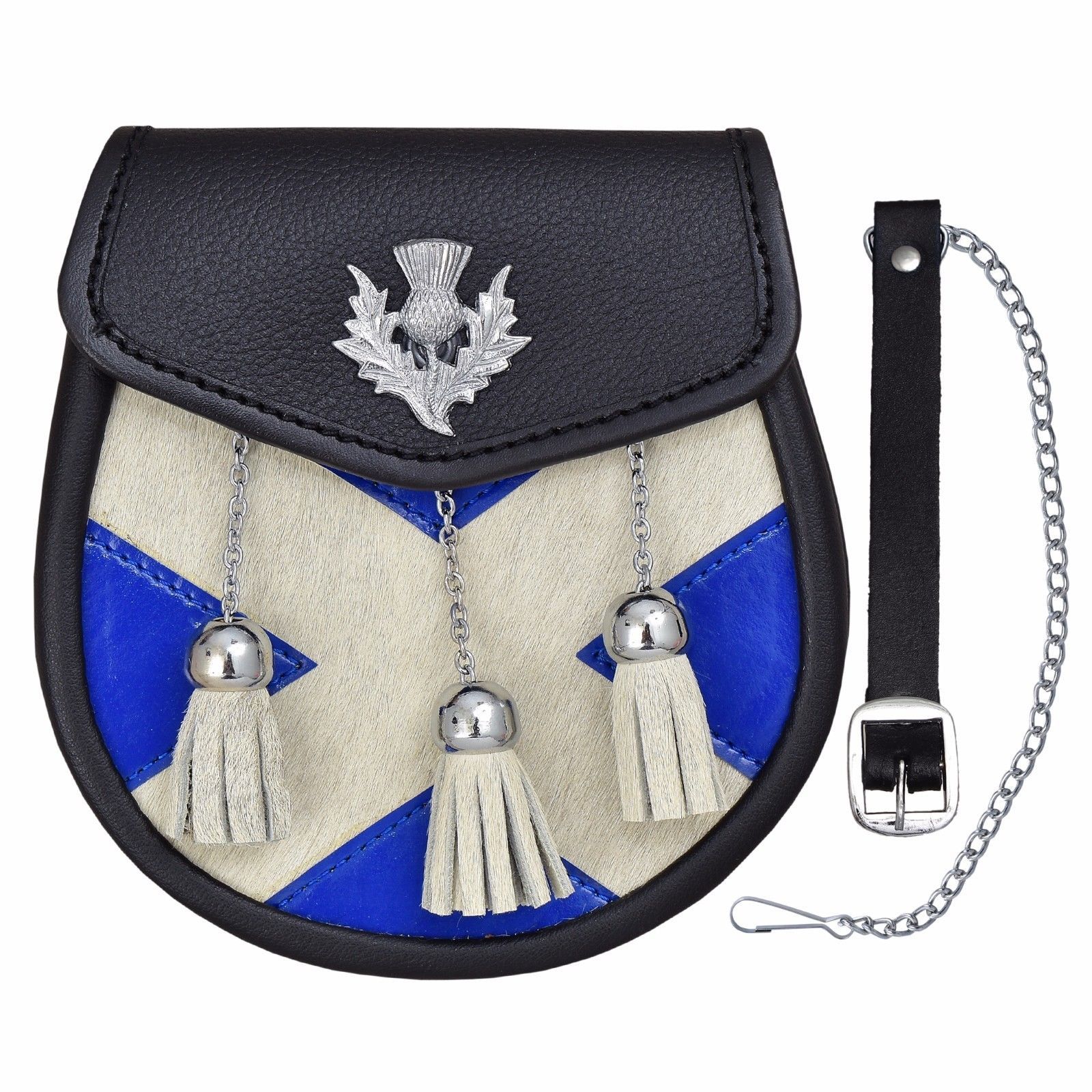 SEMI DRESS SPORRAN COW FUR SPORRAN LEATHER WITH SALTIRE AND THISTLE DESIGN