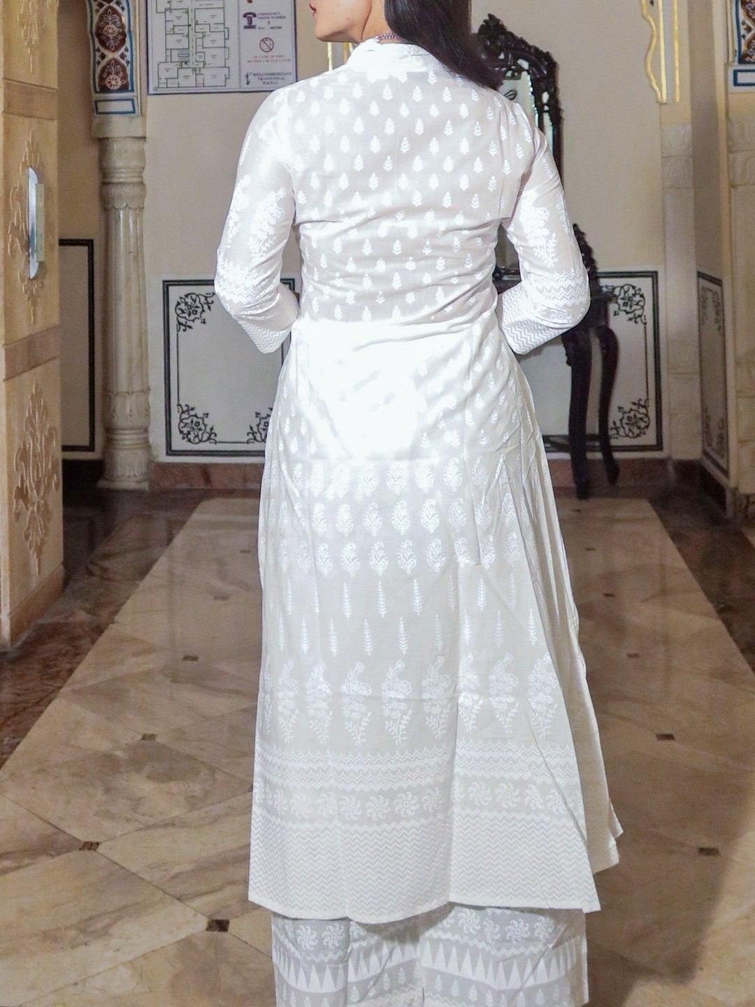 White Khari Print Cotton Kurti with Palazzo Set for Women Ethnic Wear Plus Size