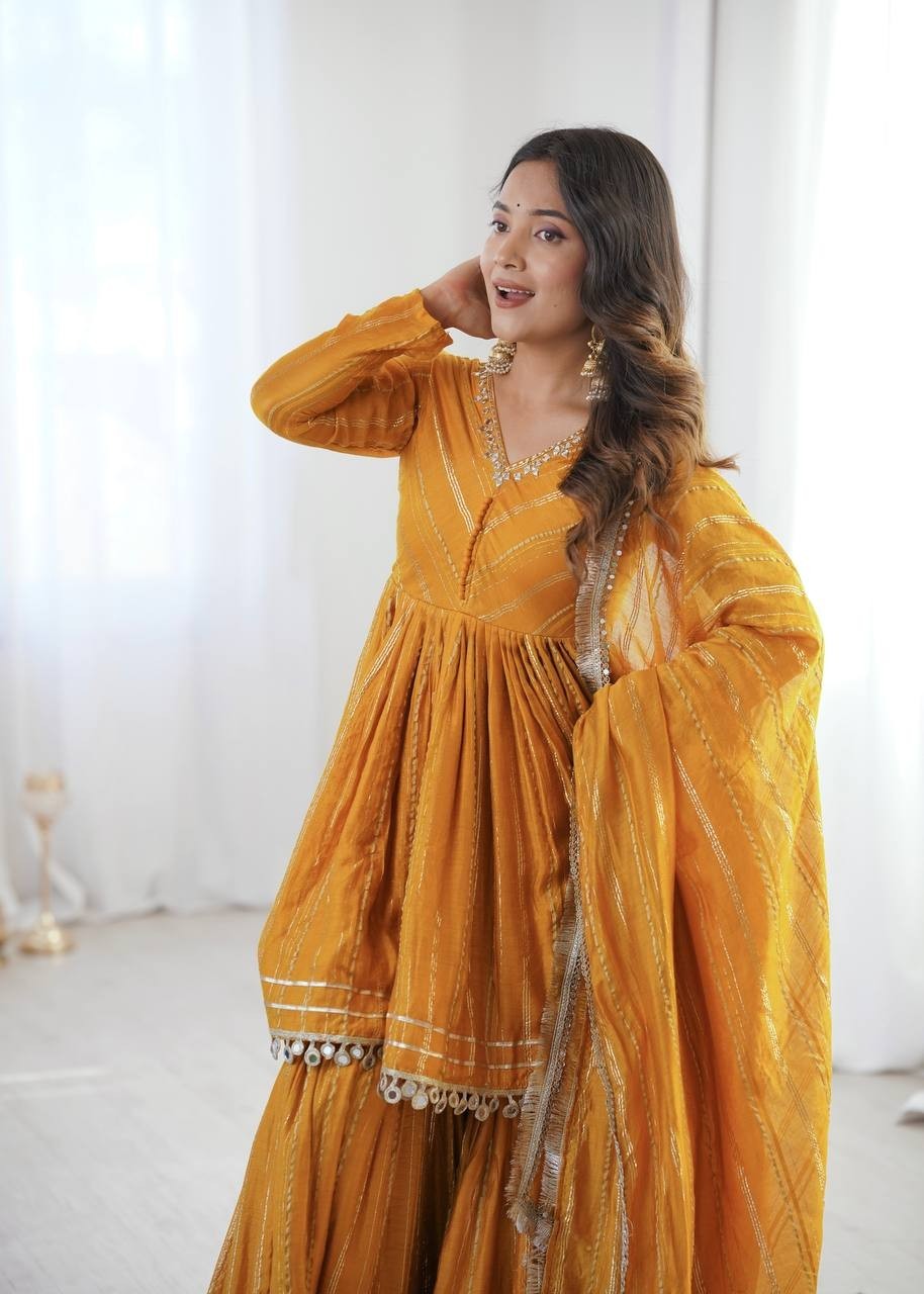 Stylish Look Mal Chanderi Yellow Palazzo Suit With Dupatta For Function Wear