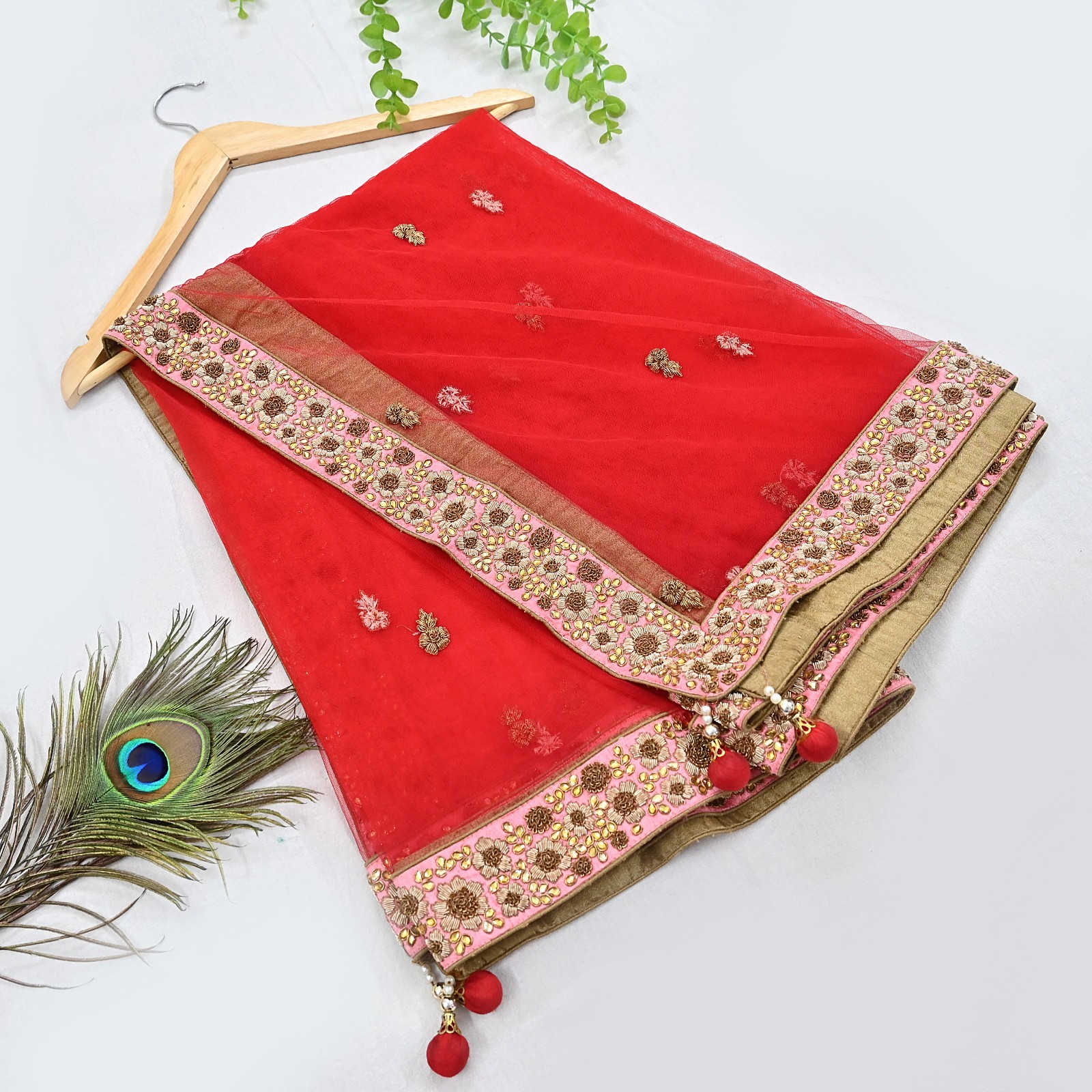 Indian Heavy Pink Red Raw Silk & Net Hand Embroidered Designer Lehenga 3pcs Set