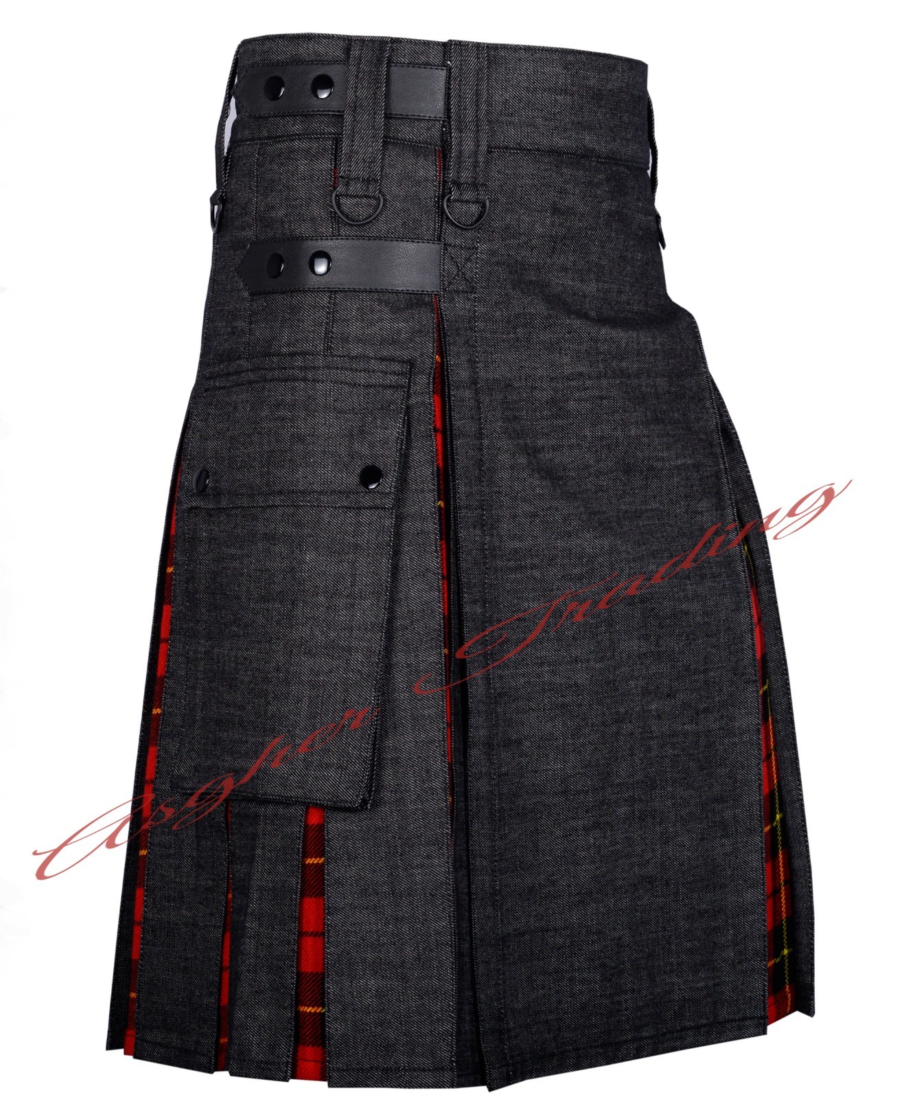 Handmade Scottish Black Denim & Wallace Tartan Hybrid Utility Kilt Made to Order