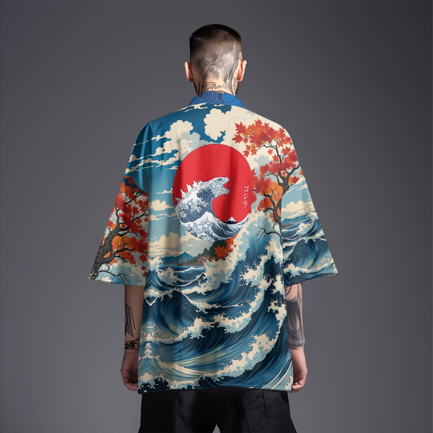 Niepce Men’s Japanese Graphic Lightweight Blue Oceans Kimono Cardigan Shirt Top