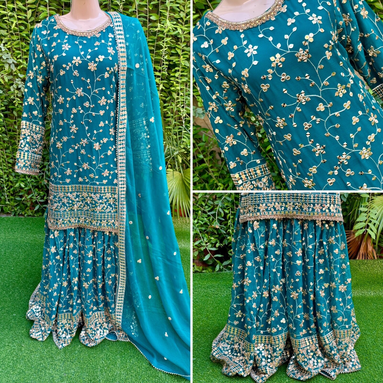 Pakistani Teal Straight Style Embroidered Sequins Chiffon Gharara Dress,L