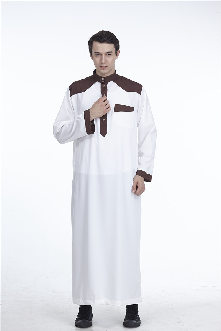 Ramadan Muslim Mens Patchwork Button Kaftan Prayer Clothes Loose Robe Djellaba