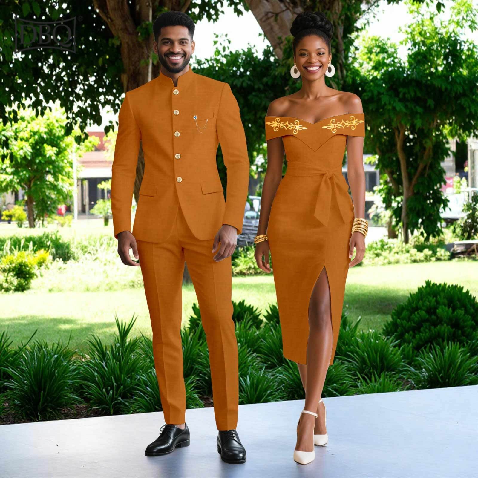 African Couple Matching Cloth Solid Color Men Jacket Pants Set Women Midi Dress