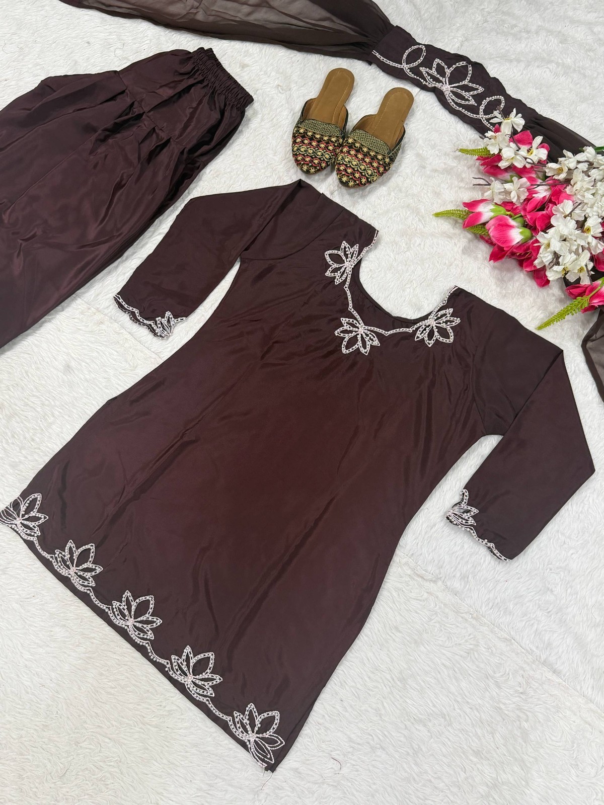 New Presenting Natural Crep Brown Salwar Kameez With Dupatta For Ethnic Wear