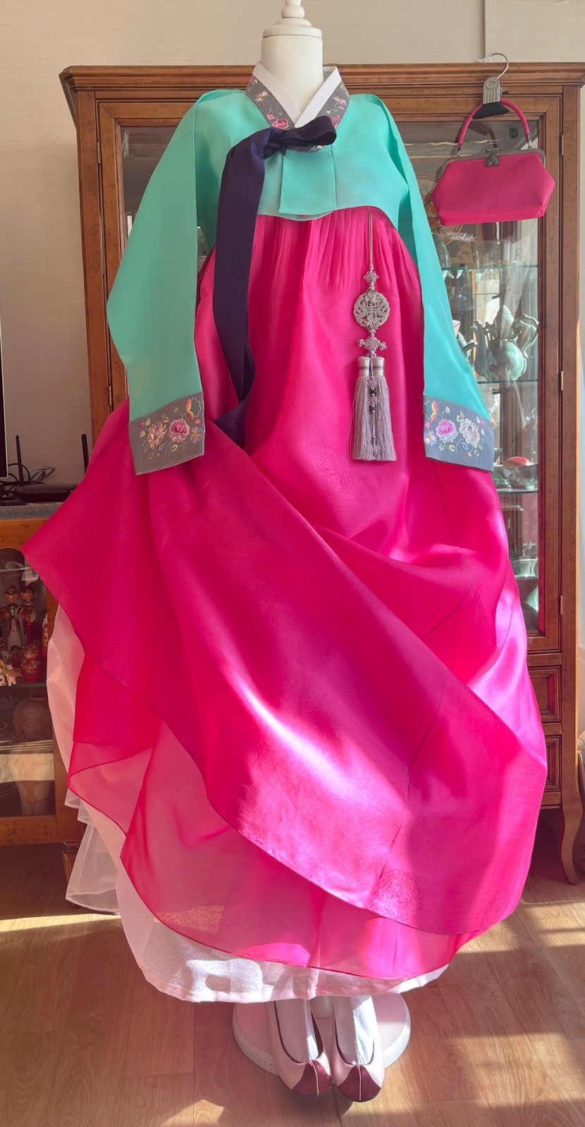 Korean Traditional Dress Silk Hanbok Set-Mint & Pink / Petticoat & Hanbok Bag
